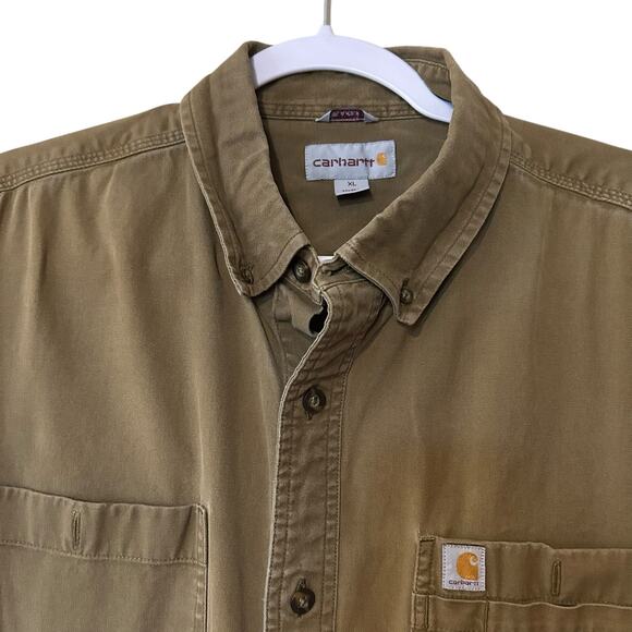 Carhartt Men Button Down Shirt Rugged Flex Relax Cotton Brown Size XL Workwear - Picture 2 of 7